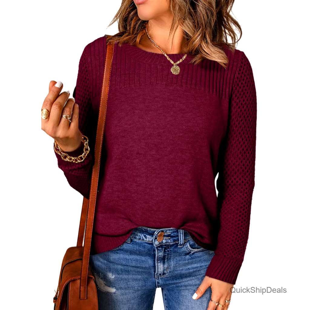 Lightweight Oversized Cable Knit Sweater Pullover Long Sleeve Crewneck